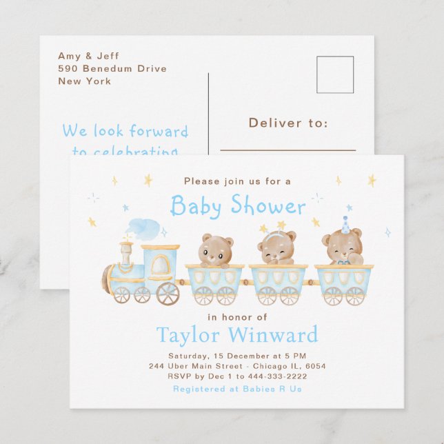 Carte Postale Baby Shower Train Bleu Ours (Devant / Derrière)