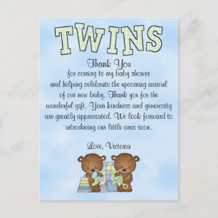 Carte Postale baby shower Twin Boys Teddy Bear