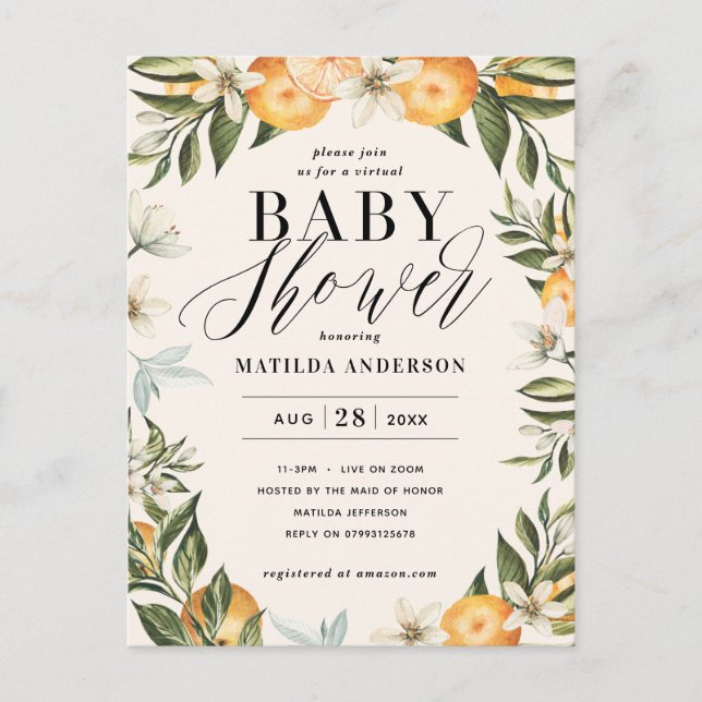 Carte Postale Baby shower virtuel en fleur d'oranger agrumes (Devant)