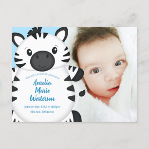 Carte Postale Baby shower Zebra bleu