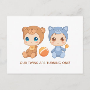 Carte Postale Baby Twins Premier anniversaire Chat Bear Invitati