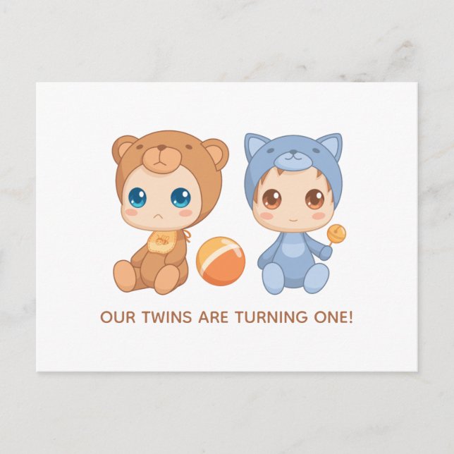 Carte Postale Baby Twins Premier anniversaire Chat Bear Invitati (Devant)