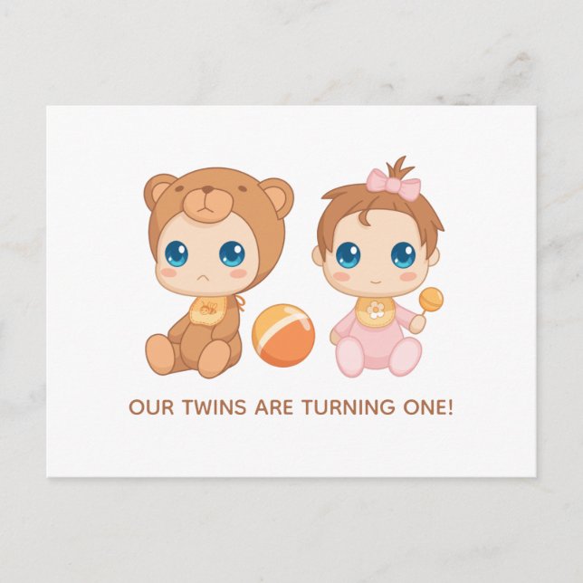 Carte Postale Baby Twins Premier anniversaire fille ours Invitat (Devant)