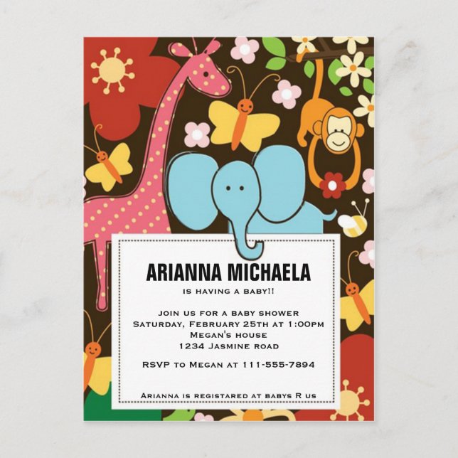 Carte Postale Baby Zoo Animaux Baby shower Invitation (Devant)