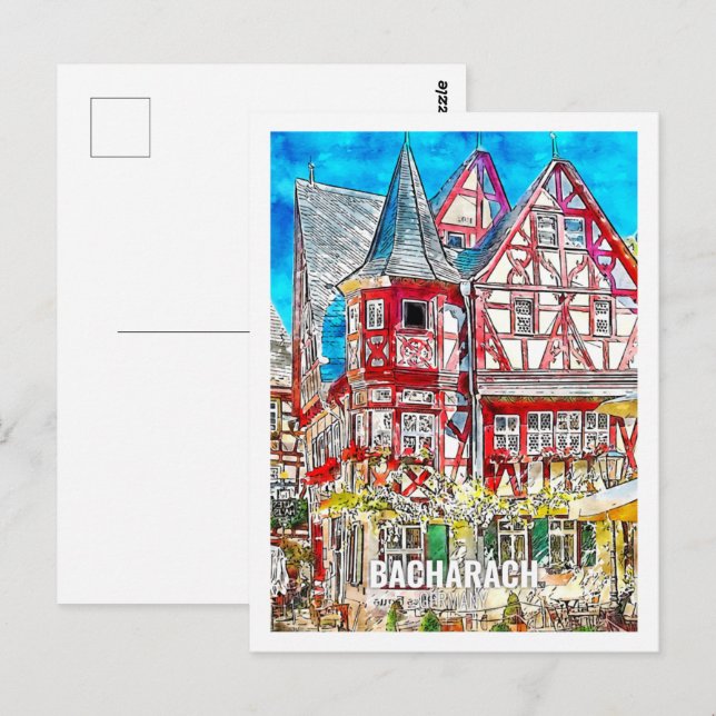 Carte Postale Bacharach Allemagne Fameux Voyage Aquarelle croqui (Devant / Derrière)