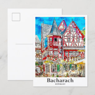 Carte Postale Bacharach Allemagne Voyage Aquarelle Dessinée à la
