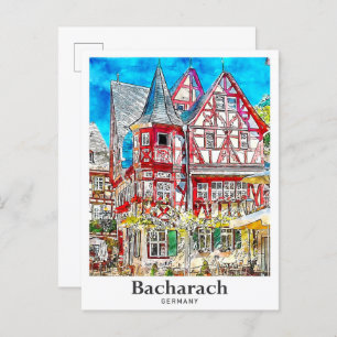 Carte Postale Bacharach Allemagne Voyage Aquarelle main tirée