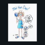 Carte Postale Bad Hair Day, robe bleue, expression déprimée<br><div class="desc">"Oh, mon Dieu ! Regardez ce que mes cheveux ont fait. Je ne peux pas aller chercher par là". Notre Dame, se préparer pour l'événement dans une belle robe bleue, c'est avoir du mal avec ses cheveux. Mais elle a une solution "Call 1-800-SALON" qu'elle a, je crois, sur la ligne...</div>