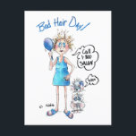 Carte Postale Bad Hair Day, robe bleue, expression déprimée<br><div class="desc">"Oh, mon Dieu ! Regardez ce que mes cheveux ont fait. Je ne peux pas aller chercher par là". Notre Dame, se préparer pour l'événement dans une belle robe bleue, c'est avoir du mal avec ses cheveux. Mais elle a une solution "Call 1-800-SALON" qu'elle a, je crois, sur la ligne...</div>