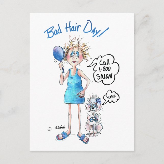Carte Postale Bad Hair Day, robe bleue, expression déprimée (Devant)