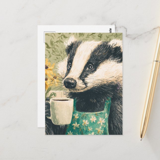 Carte Postale Badger adorable avec café (Devant/Arrière en situation)