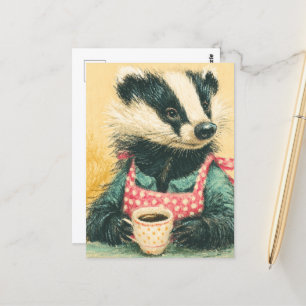 Carte Postale Badger adorable avec tablier à café Polka Rouge