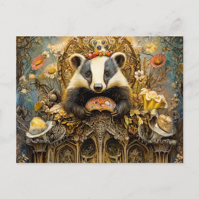 Carte Postale Badgers sur un trône de champignon sur une scène d (Devant)