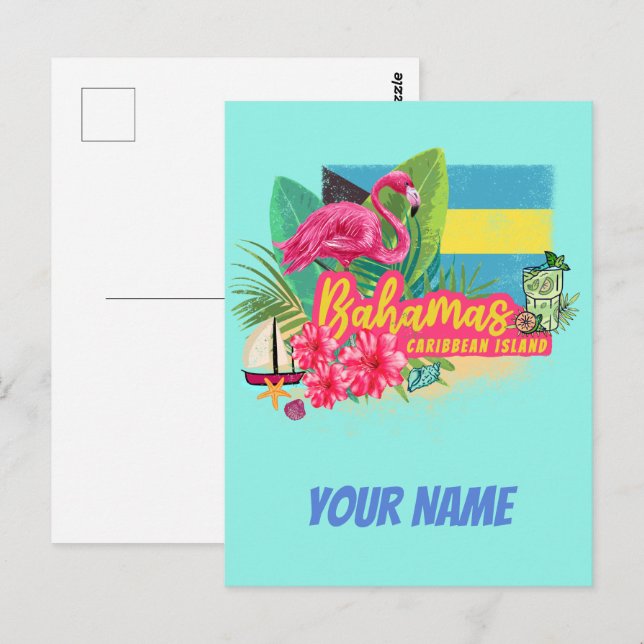 Carte Postale Bahamas rétro caraïbes île flamingo vintage (Devant / Derrière)