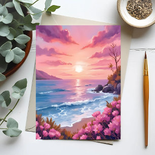 Carte Postale Baie de Blush Beach Aquarelle rose de coucher de