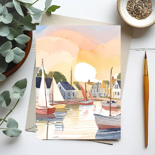 Carte Postale Baie des bateaux Peinture aquarelle de l'océan c