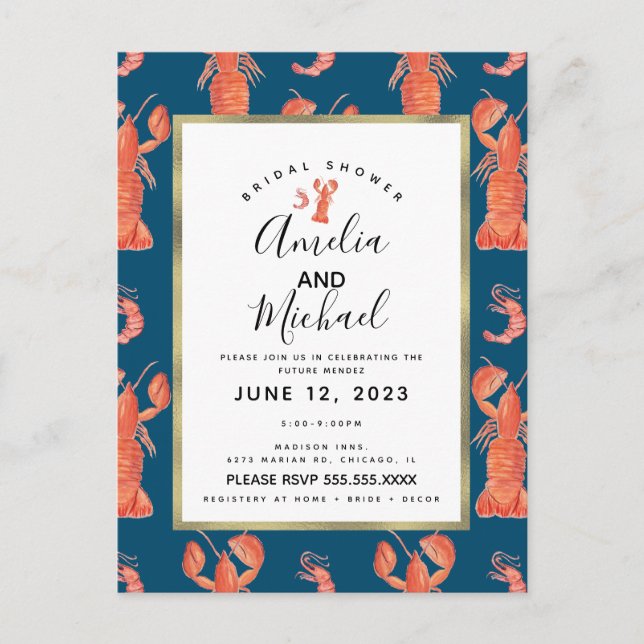 Carte Postale Baignoire de mariage en aquarelle homard crevettes (Devant)