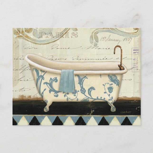 Carte Postale Baignoire Vintage blanche et bleue (Devant)