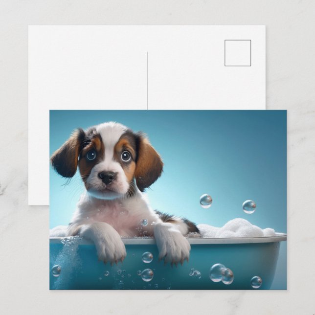 Carte Postale Bain à remous et bulles Chiot (Devant / Derrière)