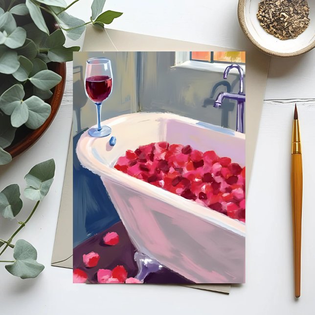Carte Postale Bain de pétales de rose | Peinture de vin rouge ro (Créateur téléchargé)