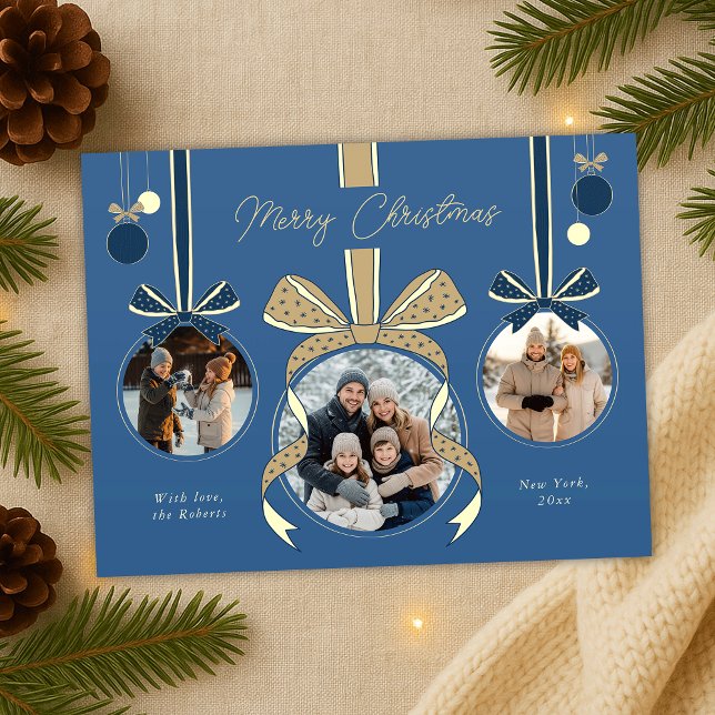 Carte Postale Bal à balles de Noël ruban trois photos (elegant ribbons, bows and ball balls photo collage Christmas postcards in blue and beige)