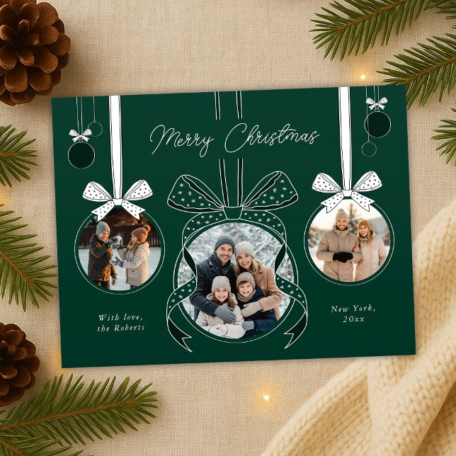 Carte Postale Bal à balles de Noël ruban trois photos (elegant ribbons, bows and ball balls photo collage Christmas postcards in green and white)