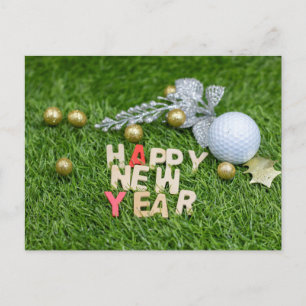 Carte Postale Bal de golf Bonne année avec feuille d'argent