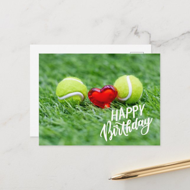 Carte Postale Bal de tennis avec Joyeux Anniversaire avec amour  (Devant/Arrière en situation)