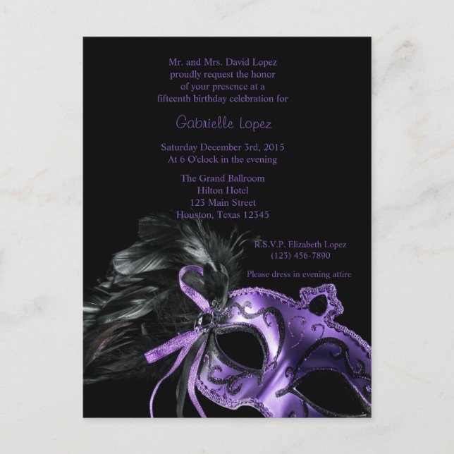 Carte Postale Bal Masquerade violet Quinceanera 15e anniversaire (Devant)