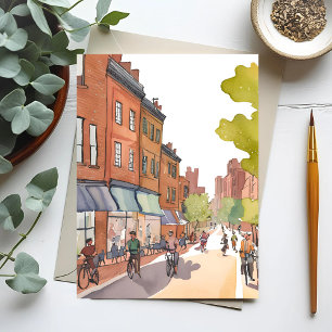 Carte Postale Balade à vélo à Boston   North End Watercolor MA