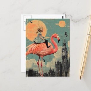 Carte Postale Balades enfant sur un Flamant rose rose