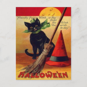 Carte Postale Balai de Chat Noir Chapeau de Sorcière Pleine Lune