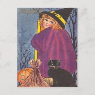 Carte Postale Balai de sorcière Citrouille Chat noir Arbres