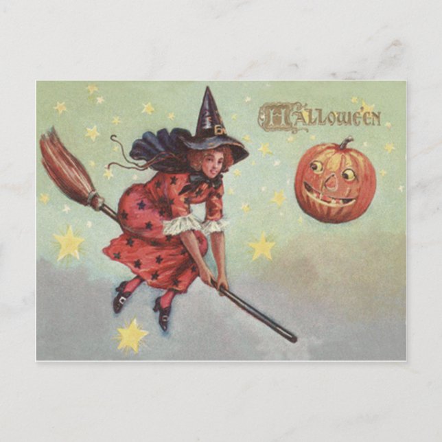 Carte Postale Balai de sorcière Citrouille d'Halloween Étoiles v (Devant)