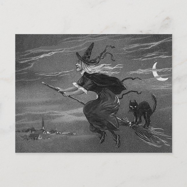 Carte Postale Balai de sorcière monochrome chat noir (Devant)