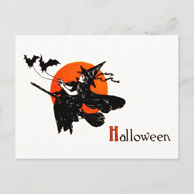 Carte Postale Balai Volant de Sorcière Chauve-Souris Pleine Lune (Devant)