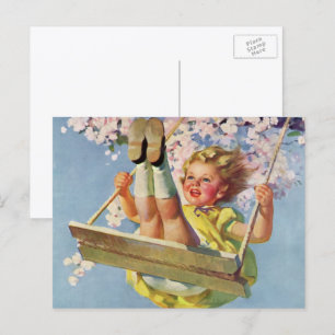 Carte Postale Balançoire Vintage, Fille Se Balançant dans un Arb