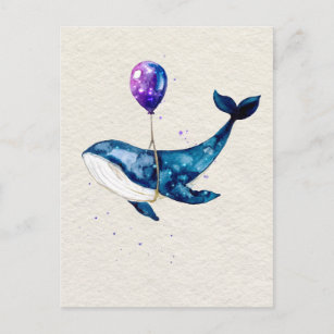 Carte Postale Baleine à bosse à l'aquarelle violette à ballons