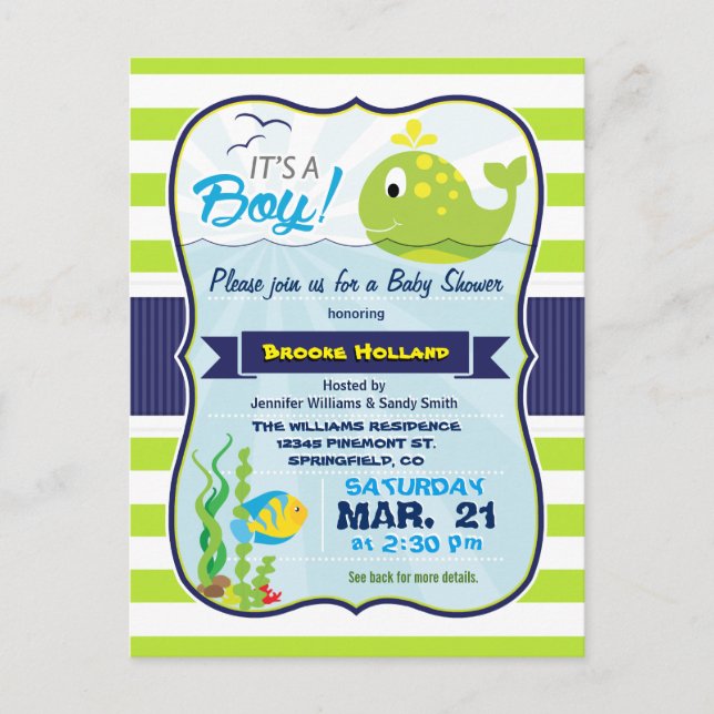 Carte Postale Baleine Bébée verte, Baby shower garçon Invitation (Devant)