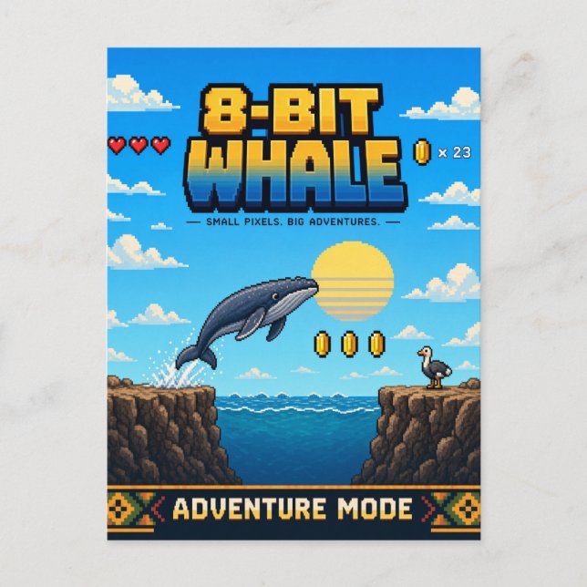 Carte Postale Baleine, Rétro Pixel Art 8-Bit (Devant)
