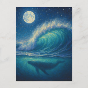 Carte Postale Baleine sous une vague au clair de lune - Style de