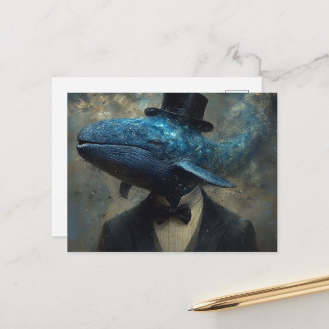 Carte Postale Baleine surréaliste en costume (Devant/Arrière en situation)