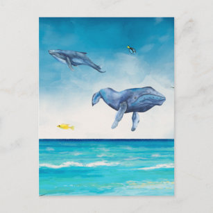 Carte Postale Baleines Imaginaire Beach Aquarelle de mer