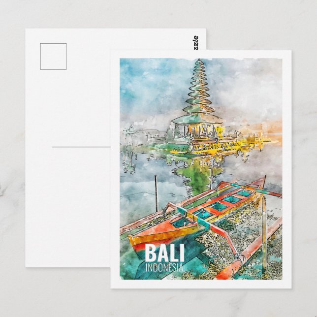 Carte Postale Bali Indonésie célèbre Voyage Aquarelle Sketch (Devant / Derrière)