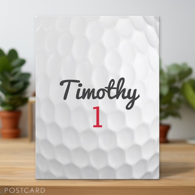 Carte Postale Ball de golf Dimples avec nom noir Numéro rouge (Custom Postcard)