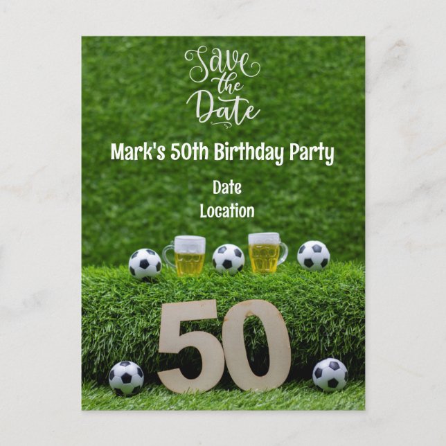 Carte Postale Balle de foot 50e anniversaire avec bière sur fond (Devant)
