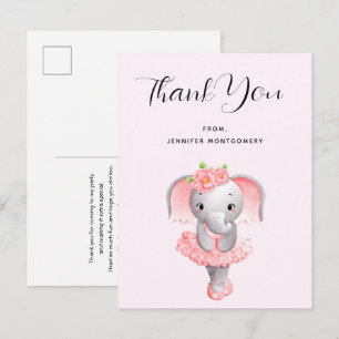 Carte Postale Ballerina Eléphant Cute Rose & Merci Gris
