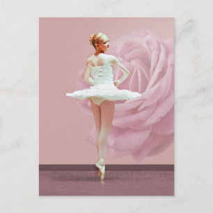 Carte Postale Ballerina en blanc avec Rose rose