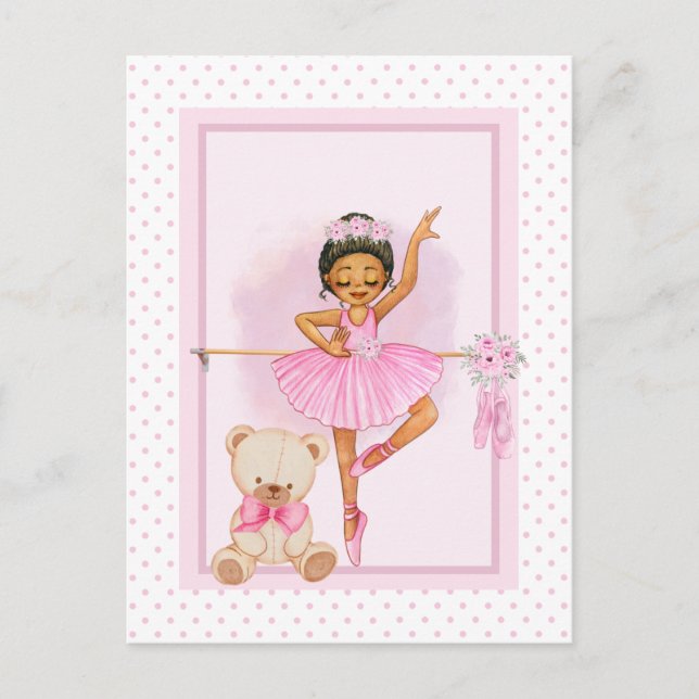 Carte Postale Ballerina fille & tétine ours pois rose (Devant)