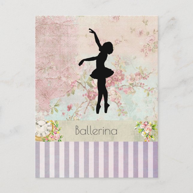 Carte Postale Ballerina Silhouette sur Elegant Motif Vintage (Devant)